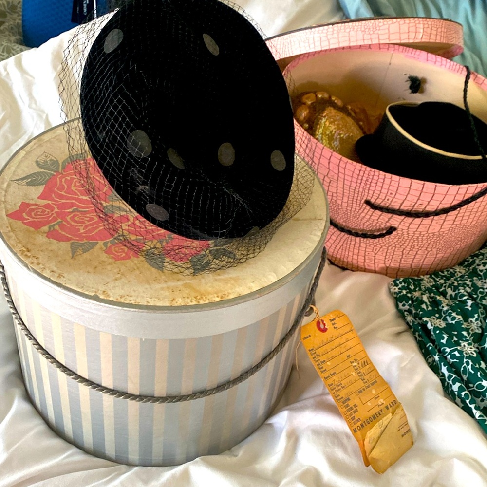 Vintage ladies hat black dot-  circa 1963, cones with origami hat box.